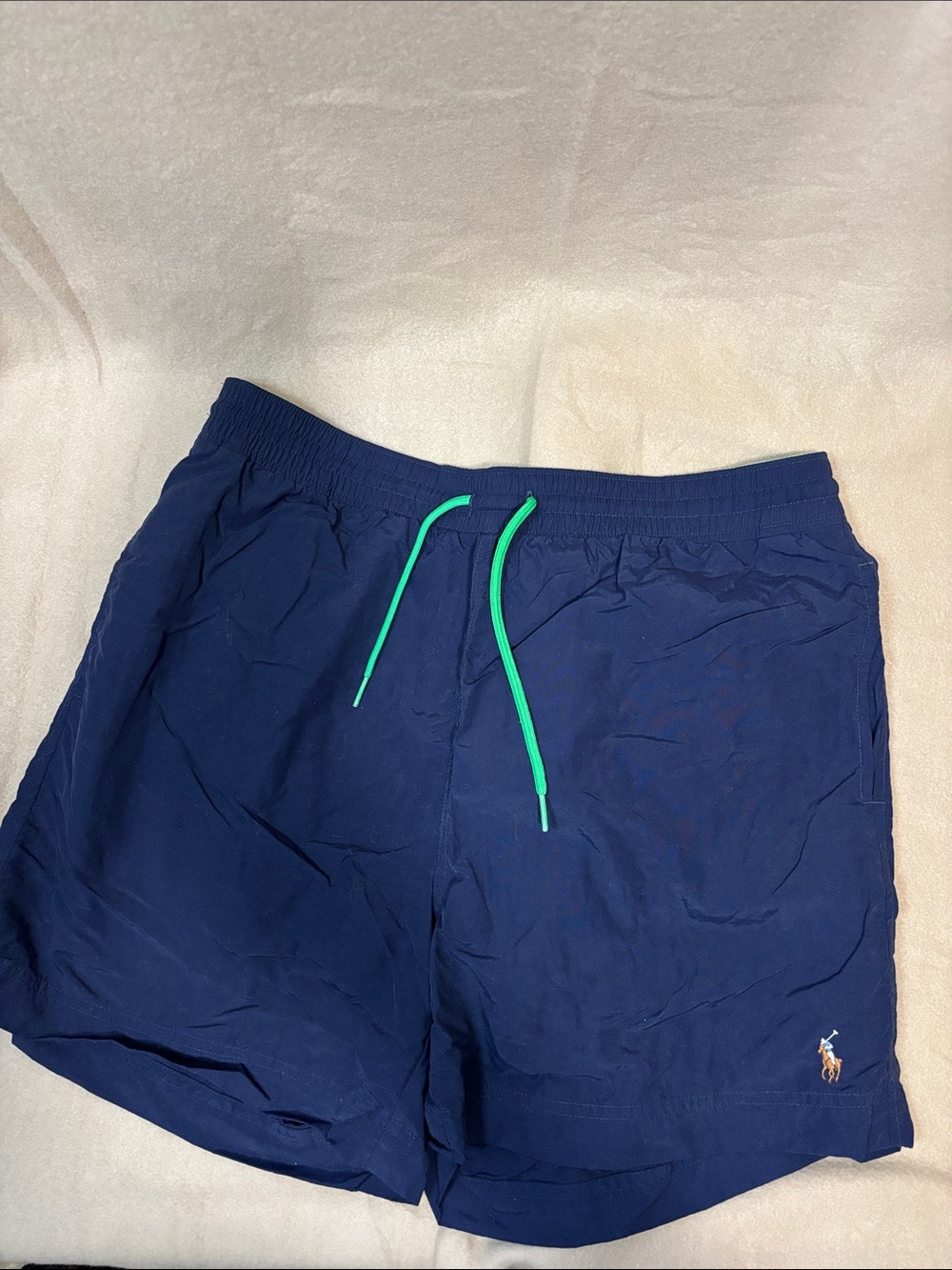 Polo by Ralph Lauren Navy Swim Trunks with Bright Green Drawcord Sz L VGUC